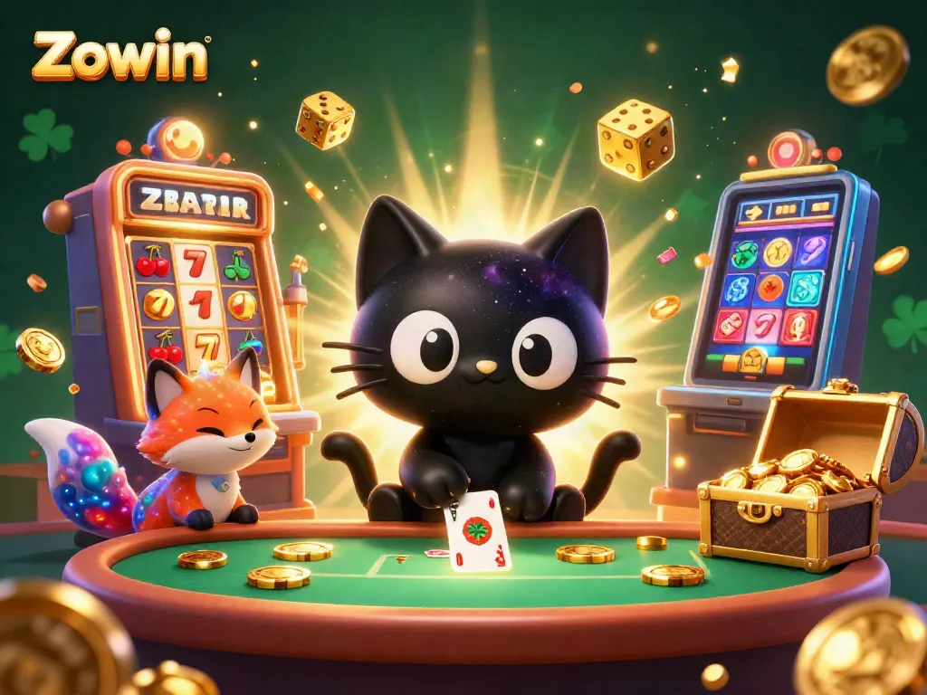 Zowin offers exciting casino action with a playful black hole cat and colorful nebula fox in a vibrant casino scene.