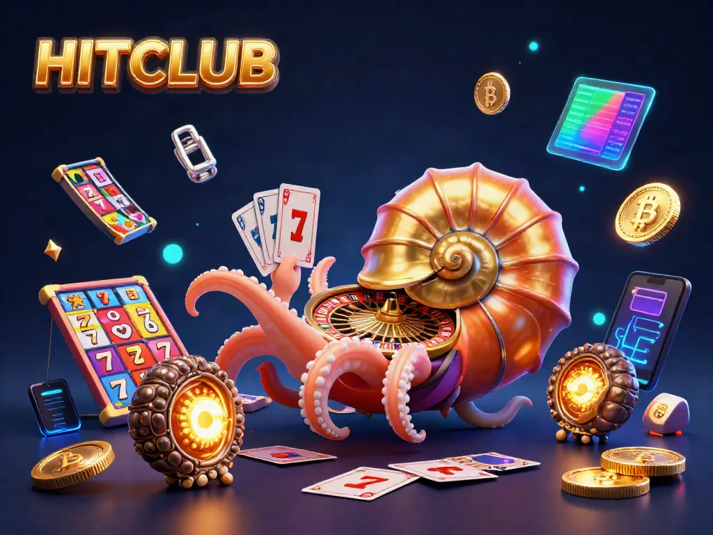 Engage in HITCLUB gaming with a captivating scene featuring an ancient nautilus roulette wheel and glowing casino elements.