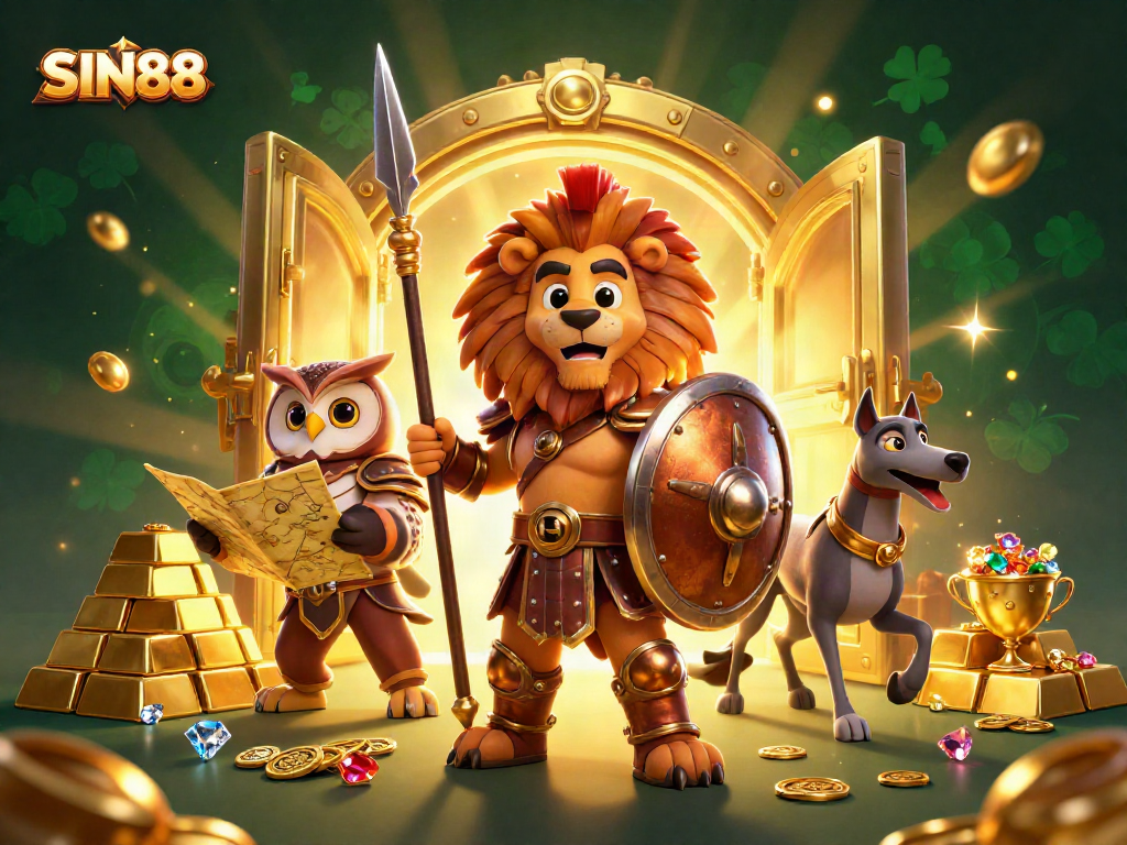 SIN88, a captivating casino scene showcasing a Spartan lion, owl strategist, and swift greyhound messenger surrounded by treasures and riches.