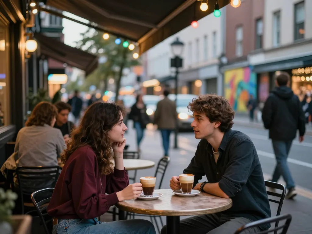 Youthful couple discussing video skandal in a vibrant café, warm urban atmosphere.