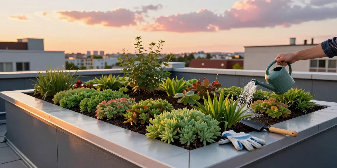 Dachbegrünung mit lebhaften Sedum-Pflanzen in einem Dachgarten, der urbanes nachhaltiges Wohnen zeigt.