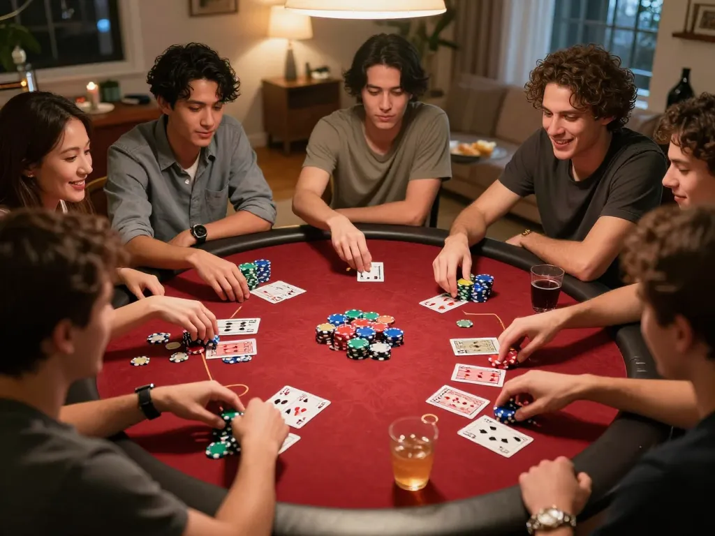 33WIN players engaging in a lively home poker game, showcasing strategy and camaraderie.