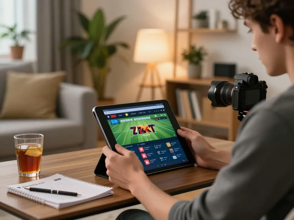Zbet user engaged in online sports betting on a tablet in a cozy home setting.