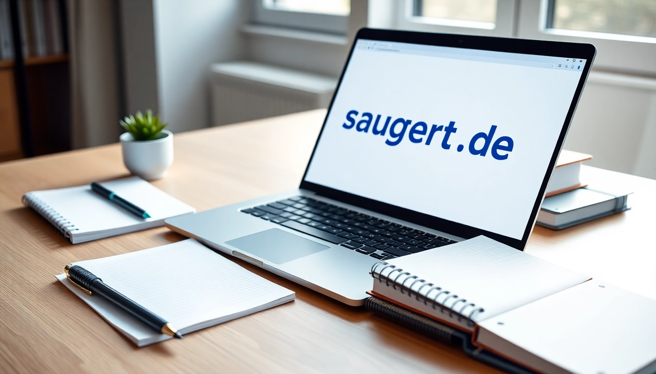 Die Website robosaugertest.de auf einem modernen Laptop in einem hellen Arbeitsbereich, ausgestattet mit Notizbuch und Pflanzen.