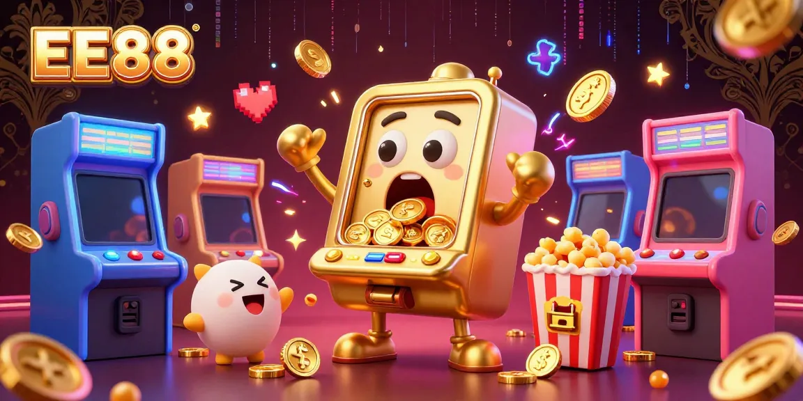 Experience EE88's lively jackpot celebration with golden slot machines and vibrant game elements.