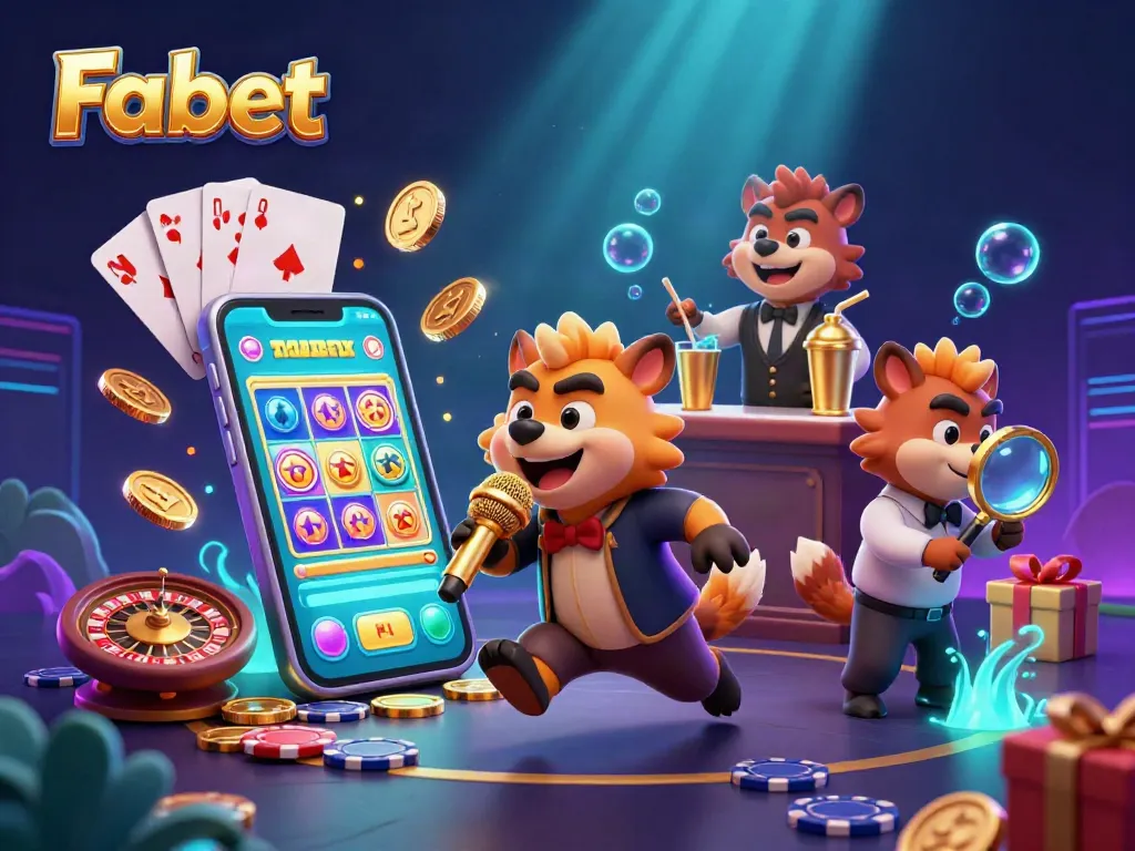 Fabet's vibrant comedy casino scene showcases hyenas engaging in gaming fun and cocktails.