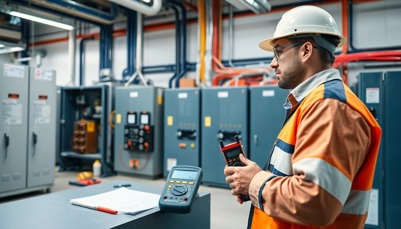 Prüfung ortsfester elektrischer Anlagen durch Elektriker in sicherer Arbeitsumgebung.