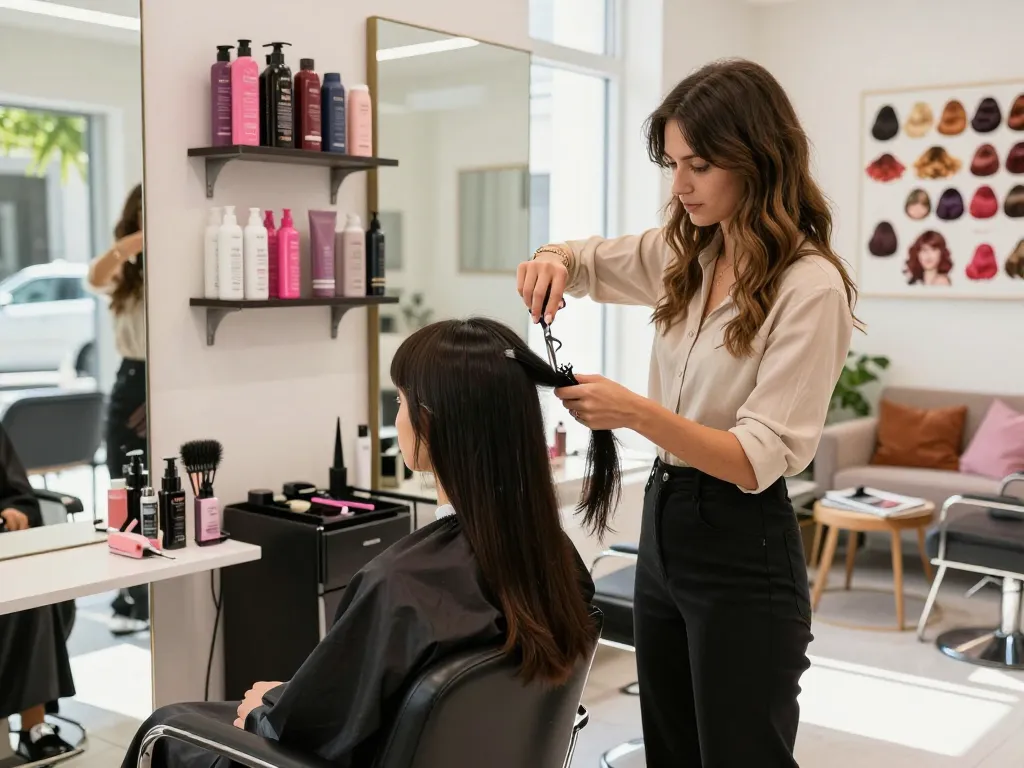 Stilvoller Friseursalon mit einem Friseur, der das Aussehen eines Kunden verwandelt und lebendige Werkzeuge sowie Produkte präsentiert