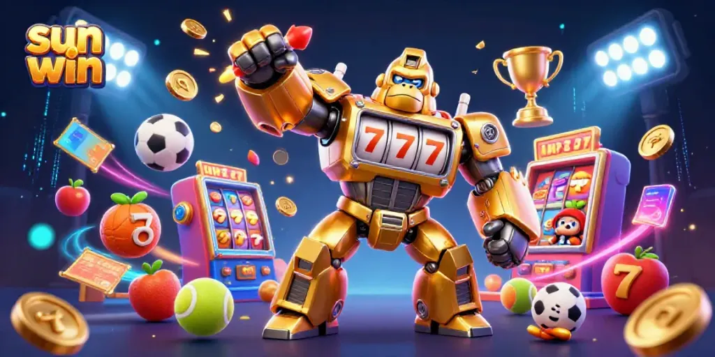 Experience the thrill of sun win slots with an explosive golden gorilla mech and dynamic game elements.