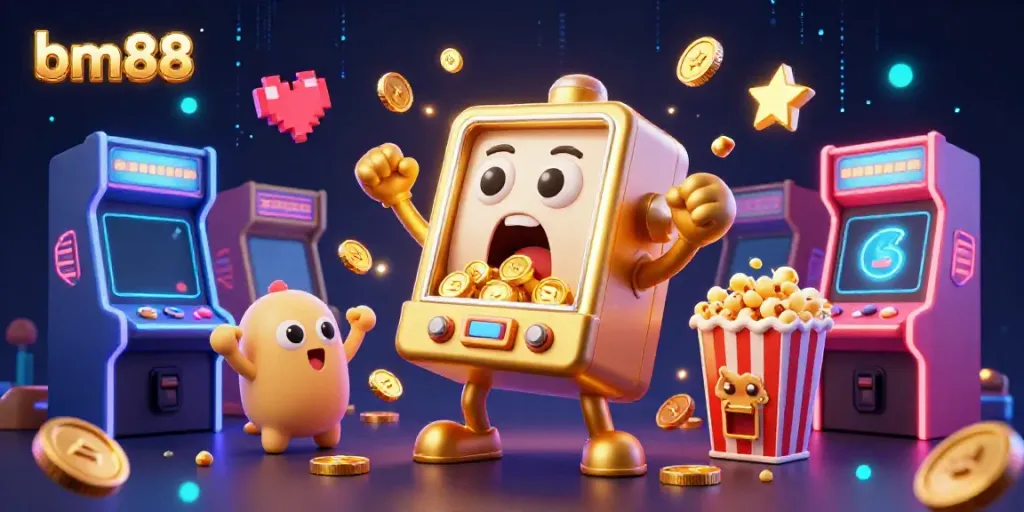bm88 golden slot machine hits jackpot, cheerful baby slot machines and popcorn machine in vibrant casino scene.