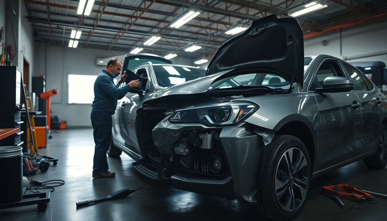Auto mit Motorschaden verkaufen: Mechaniker bewertet beschädigtes Fahrzeug in einer Werkstatt.