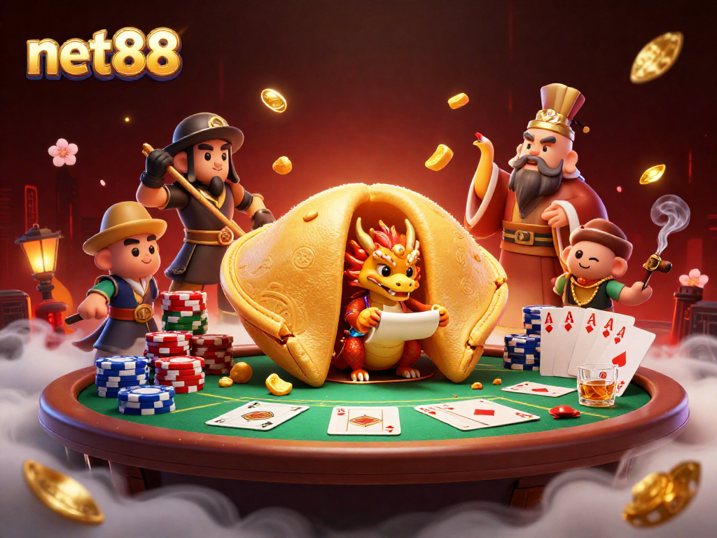 Join the excitement at net88 with an animated scene featuring poker chips and a golden fortune cookie.