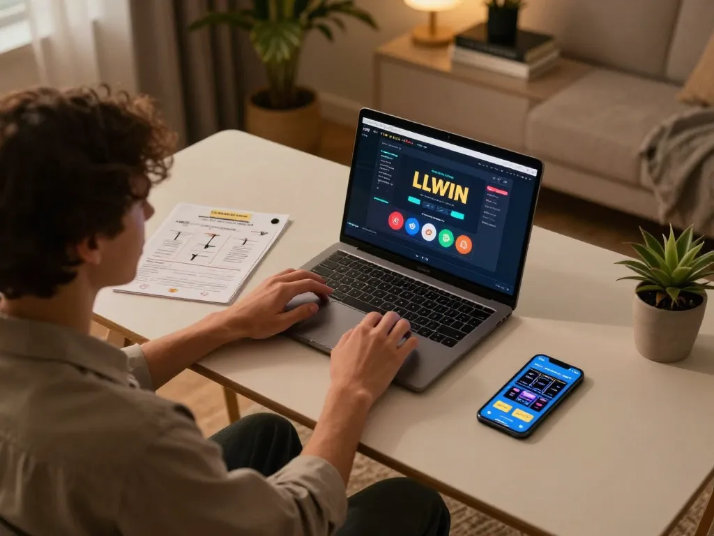 LLWIN online gaming experience showcasing a player engaged in strategic bets at their stylish home desk.