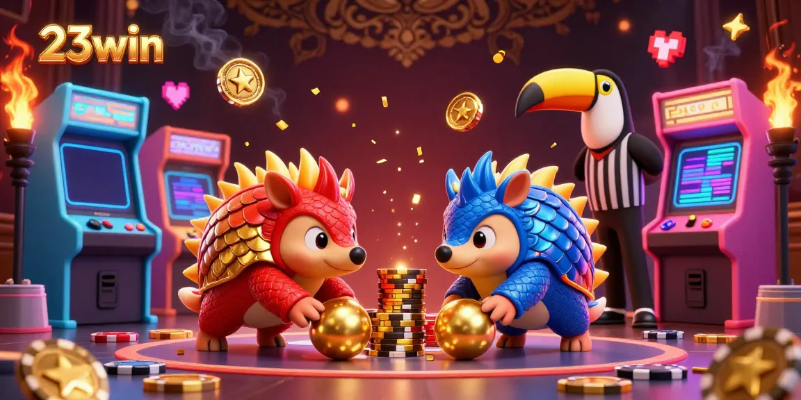 Experience the excitement of 23win with rival pangolins bowling through poker chips in a vibrant, animated casino scene.