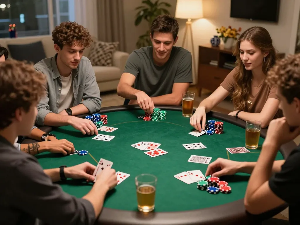 Engaged friends playing poker with chips and cards in vibrant atmosphere at lc88 home game night.