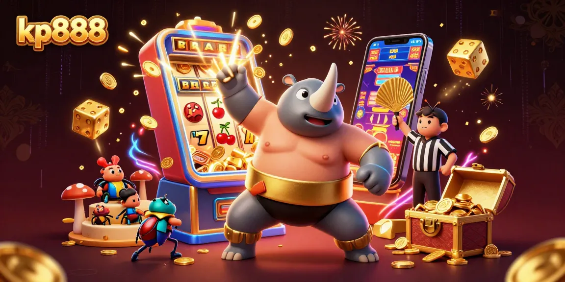 Experience exciting jackpots at kp888 with a beetle sumo champion and vibrant casino elements.