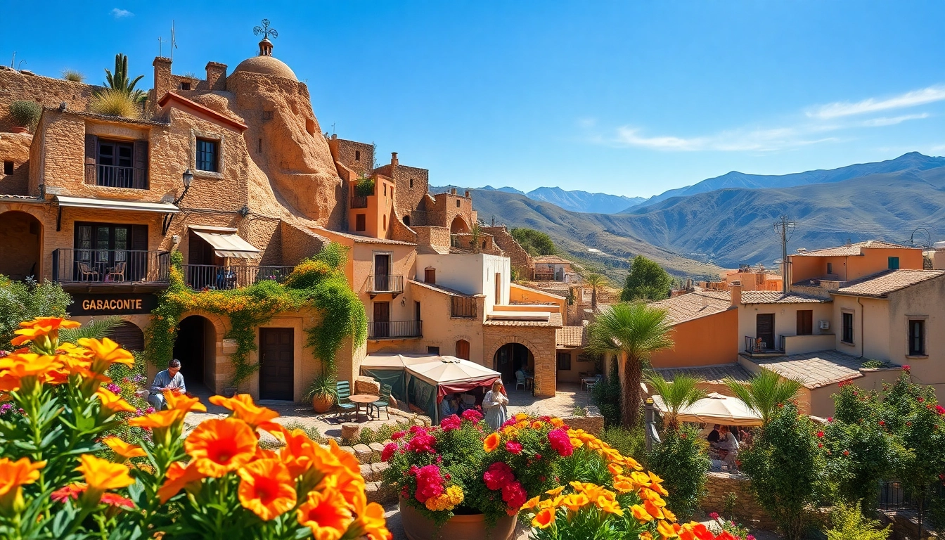 Besucher genießen die atemberaubende Kulisse von Sacromonte mit farbenfrohen Blumen und traditionellen Höhlenhäusern.