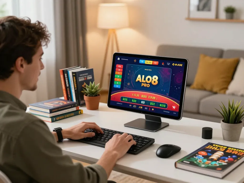 Player engaging with ALO8 PRO live dealer game on tablet, showcasing modern home office gaming atmosphere.
