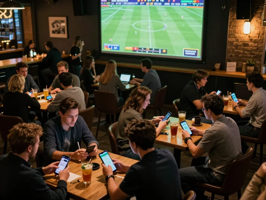 Football predictions displayed on smartphones during a lively sports betting event.