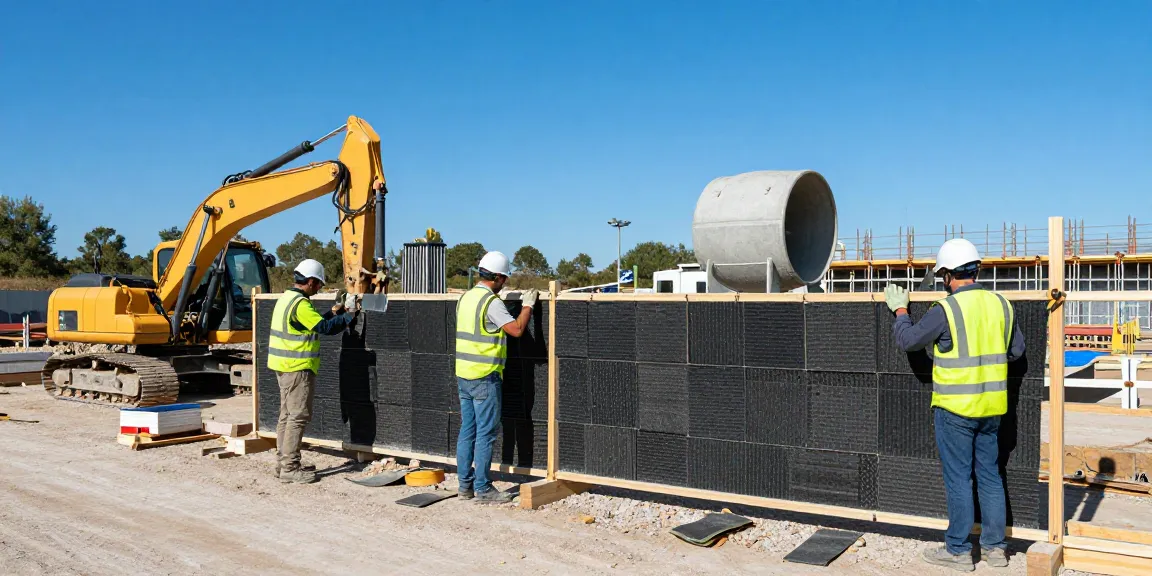 Effektiver Lärmschutz für Bauzäune mieten Baustelle mit Schallschutzmatten und Bauarbeitern.