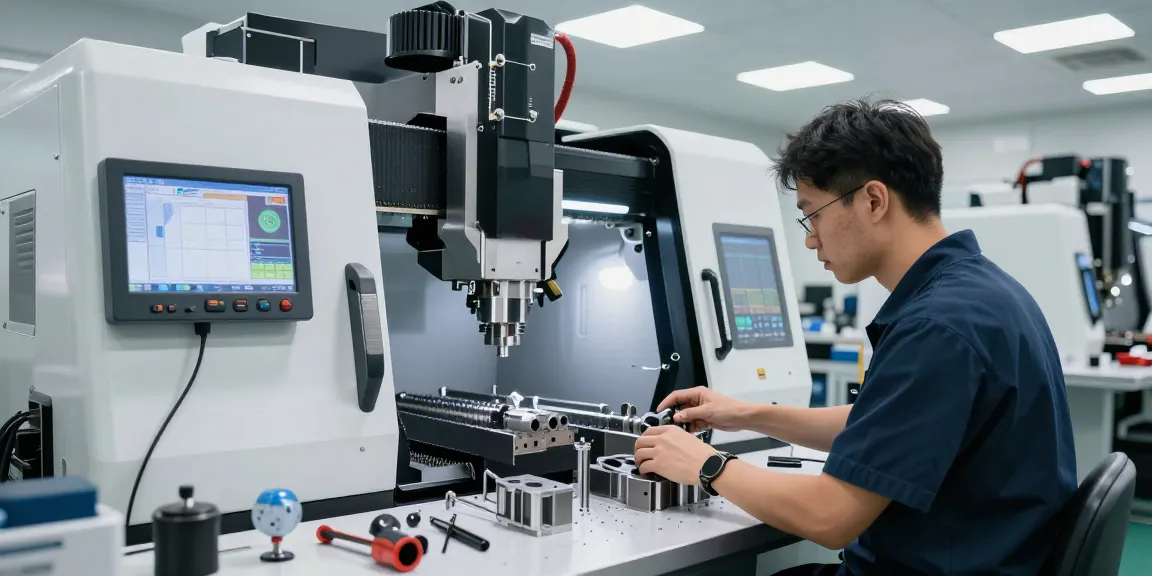 Präzisionstechnik in einer modernen CNC-Bearbeitungswerkstatt mit einem Techniker, der hochwertige Bauteile überprüft.