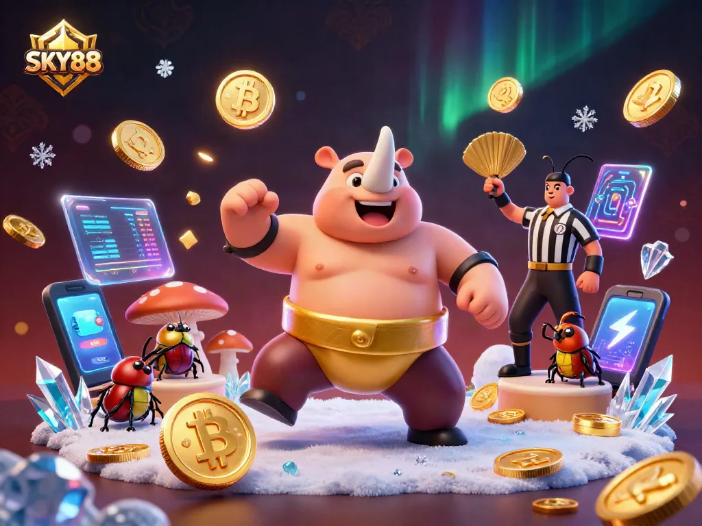 Sky88 gaming excitement showcased through dynamic scene with beetle champion and crypto coins