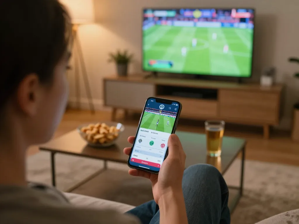 Engaging sports betting experience on aa smartphone with uu8855 app in a cozy living room setting