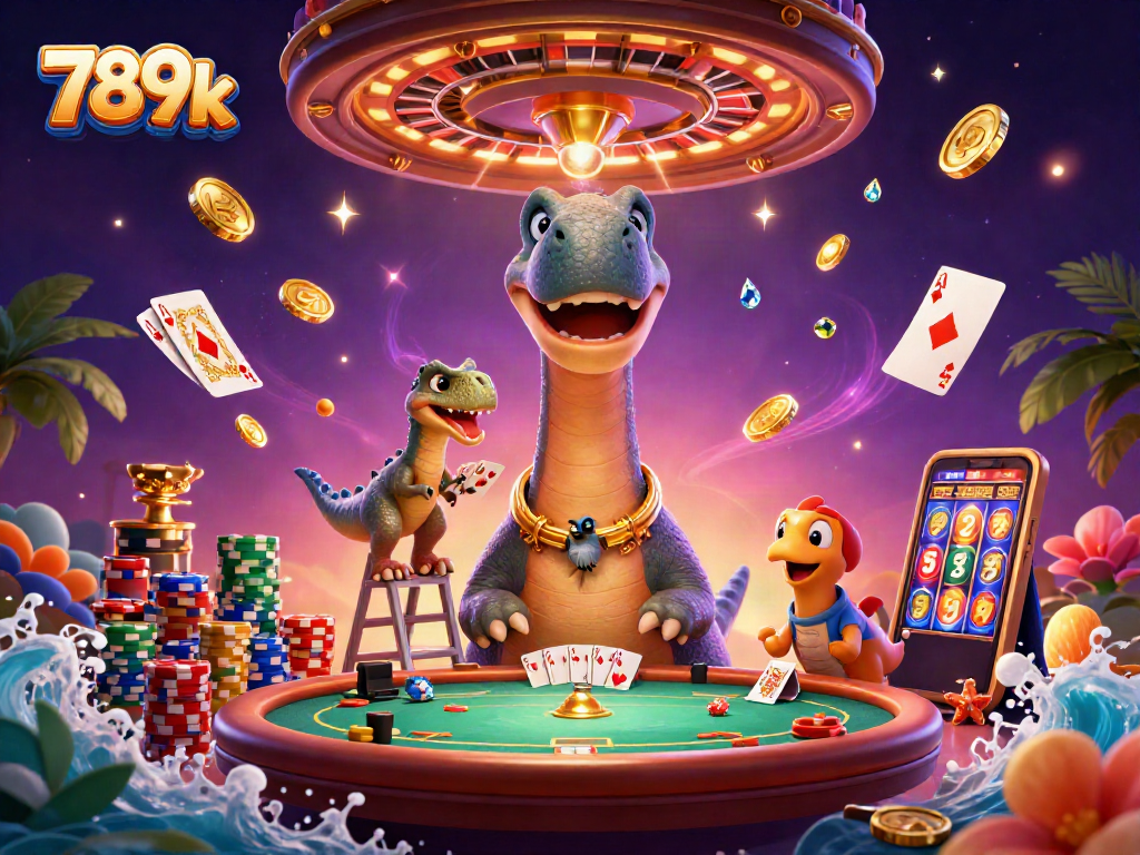 Join the excitement of 789k at a dynamic casino scene featuring a brontosaurus and raptor!