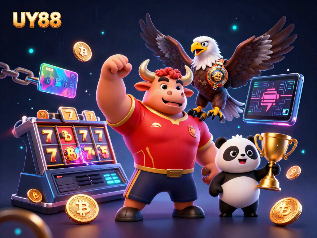 Experience thrilling wins with UY88's vibrant 3D casino illustration showcasing characters and game elements.