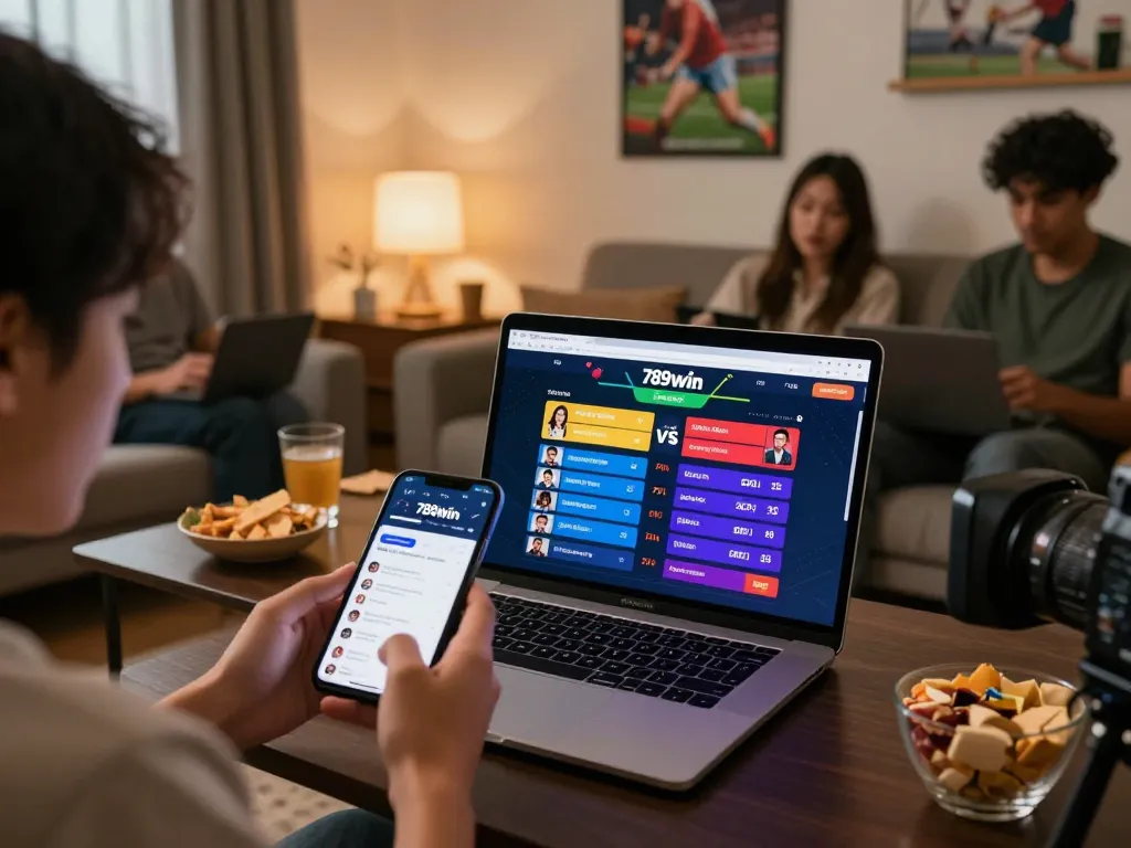 Engaging betting moment on 789win link with smartphone and laptop in cozy living room.