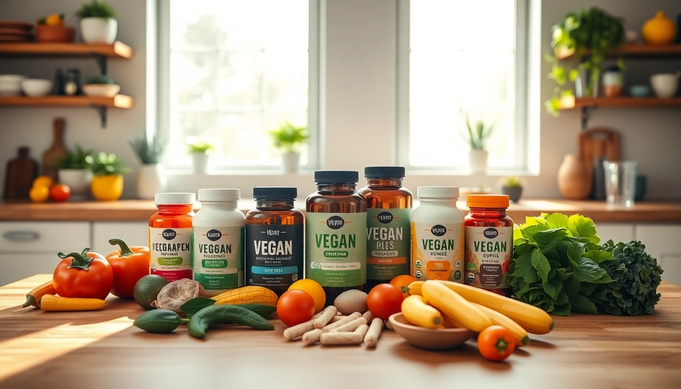 Vegan Supplements displayed attractively with fresh fruits and vegetables on a wooden table.