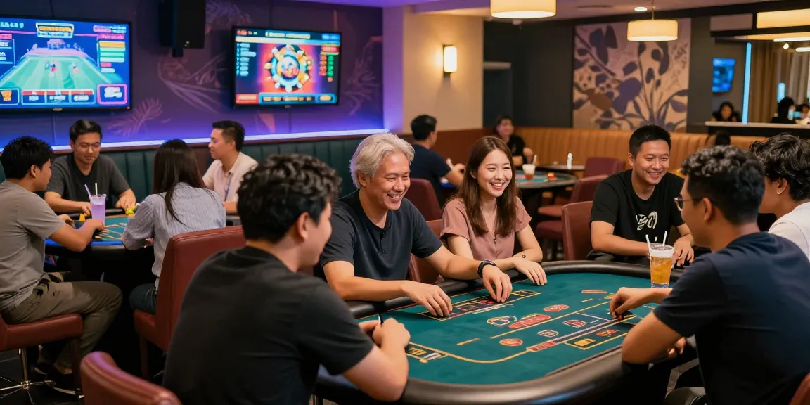 Engaging social gambling atmosphere at rokok88 daftar with players enjoying games, drinks, and lively conversation.