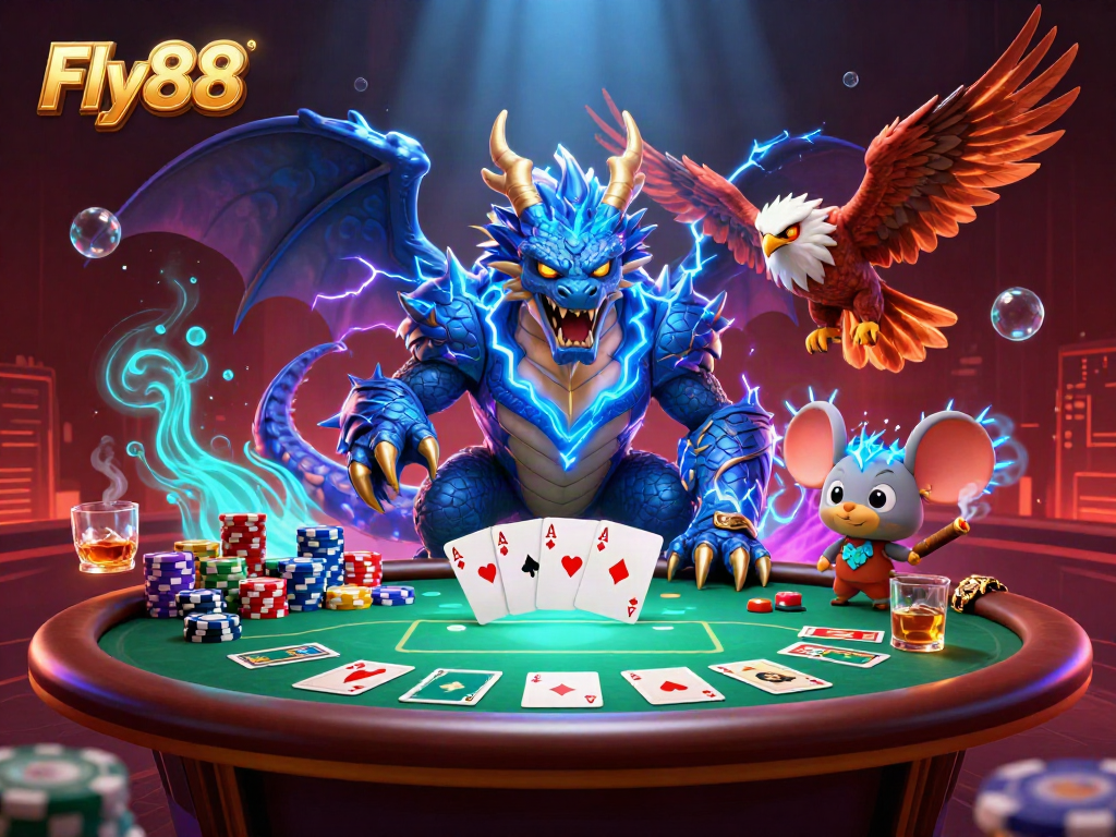 Experience the thrills of Fly88 with vibrant casino action and colorful characters in a dynamic scene.