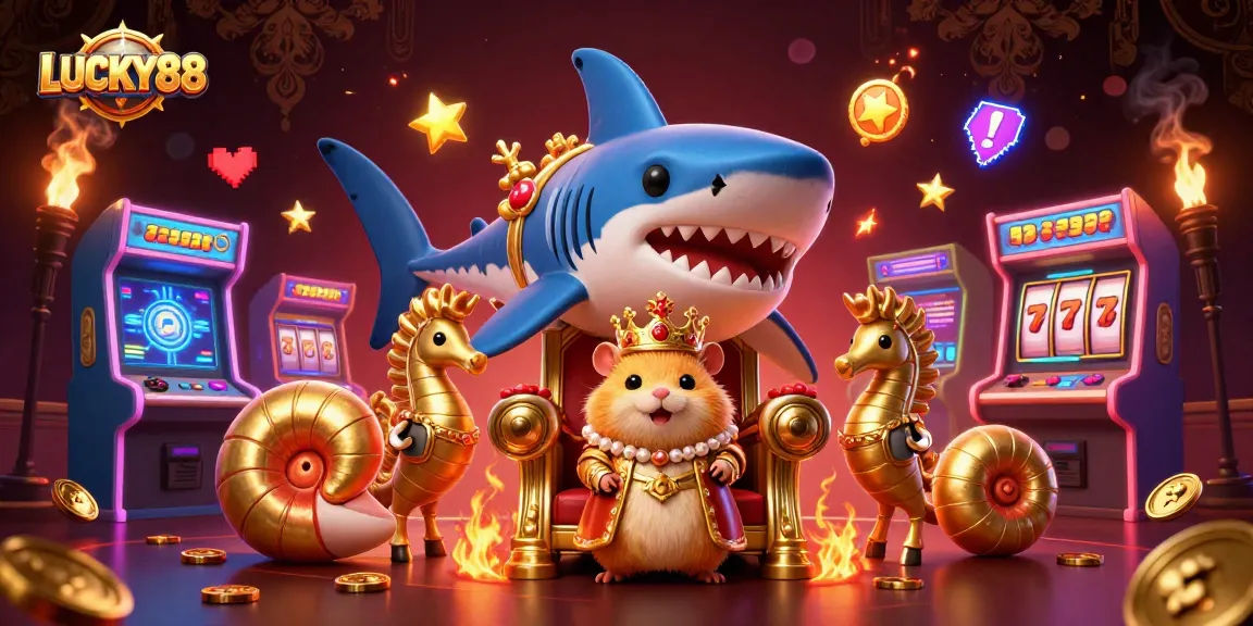 Lucky88 brings captivating online casino excitement with a golden hamster king amidst colorful gaming elements.