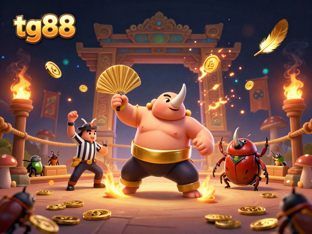 Experience thrilling gameplay at tg88 with a powerful sumo champion beetle and vibrant casino elements.