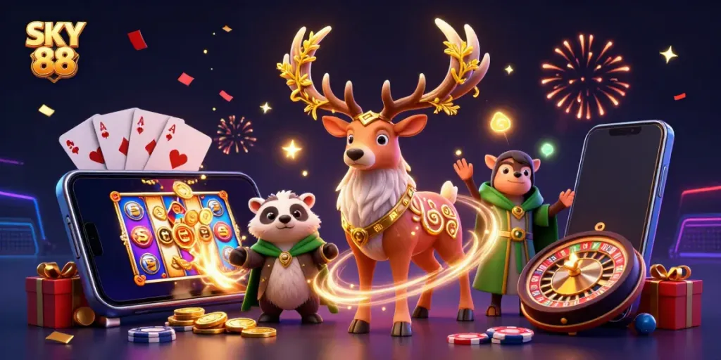Experience thrilling gameplay at SKY 88's vibrant casino with magical creatures and slot games.