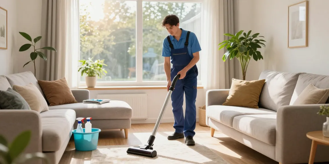 Wohnungsreinigung Solothurn - professional technician cleaning a comfortable living room space with natural light.
