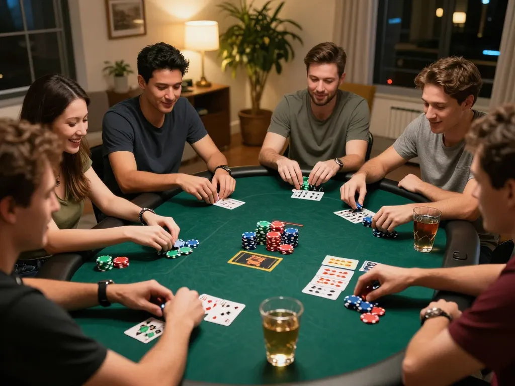 Friends playing poker at home with sunwin-themed gameplay, colorful chips in view, friendly atmosphere.