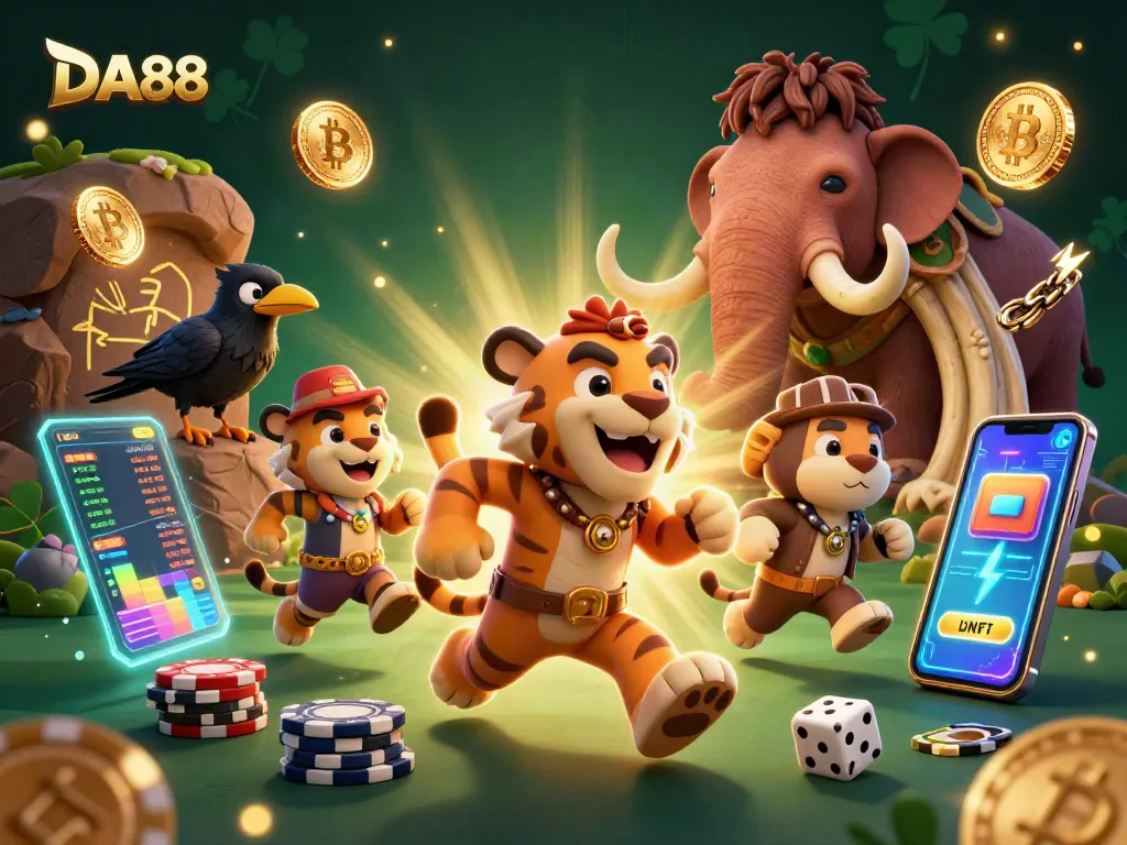 Engage with DA88 at a vibrant prehistoric casino filled with neon crypto elements and lively characters.