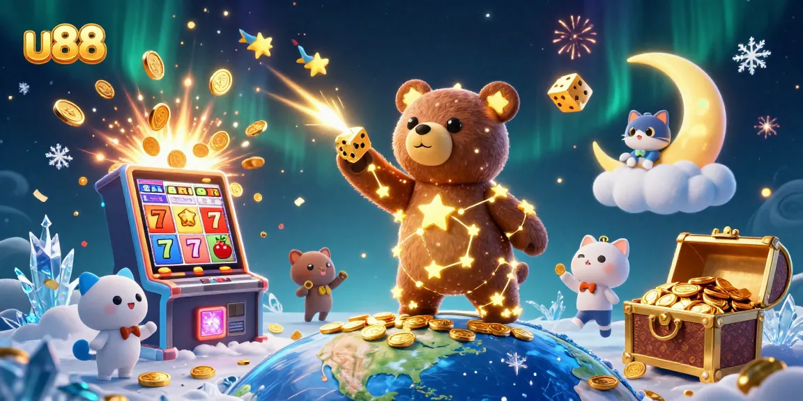 Engage in thrilling games with U88 as a golden constellation bear scoops coins in a vibrant online casino.