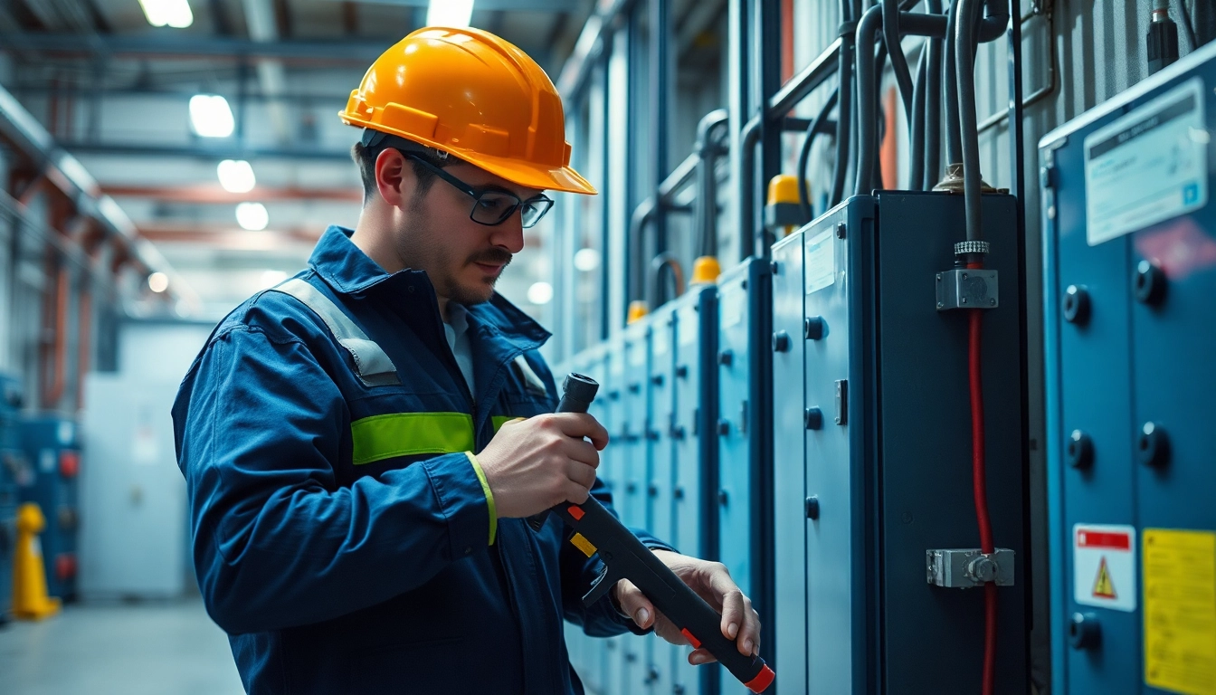 Electrician performing a DGUV V3 Prüfung on electrical equipment, ensuring workplace safety compliance.