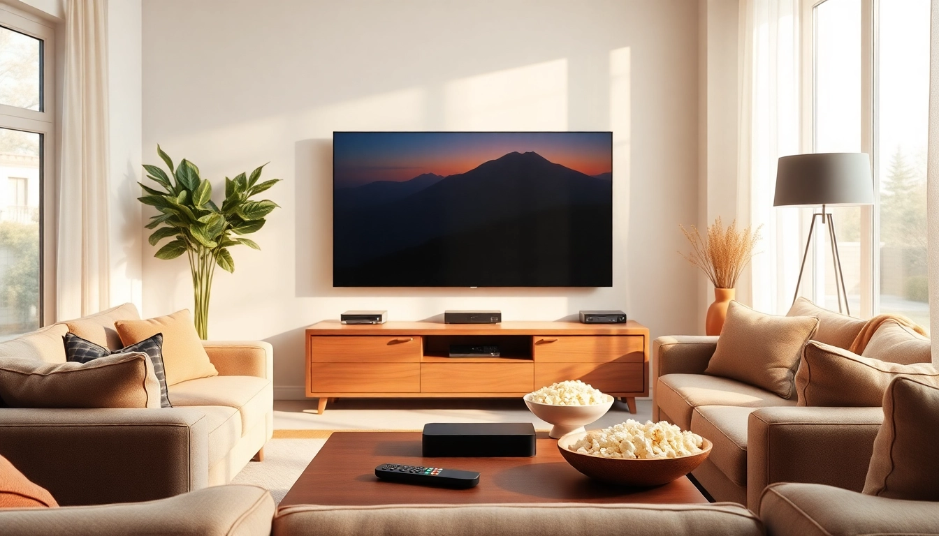 IPTV kaufen in einem modernen Wohnzimmer mit einem großen Fernseher und gemütlicher Atmosphäre.