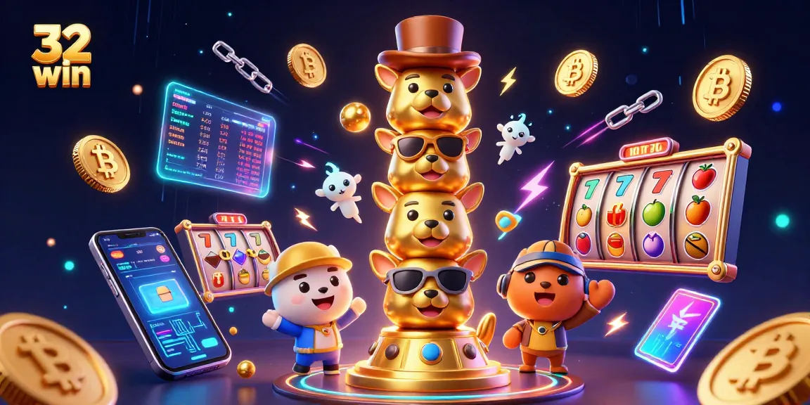 Play exciting slot games at 32 win with vibrant totem imagery and cryptocurrency elements.