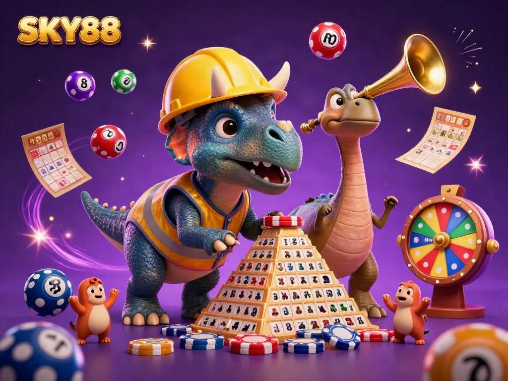 Celebrate big wins with SKY88 in this vibrant 3D casino scene featuring gaming elements and animated characters.