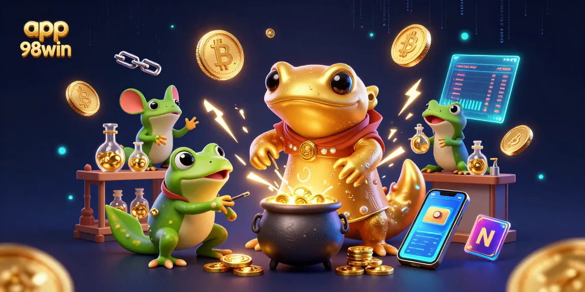 Engage with app 98win's immersive gameplay as golden coins, NFTs, and crypto elements surround the alchemist's workspace.