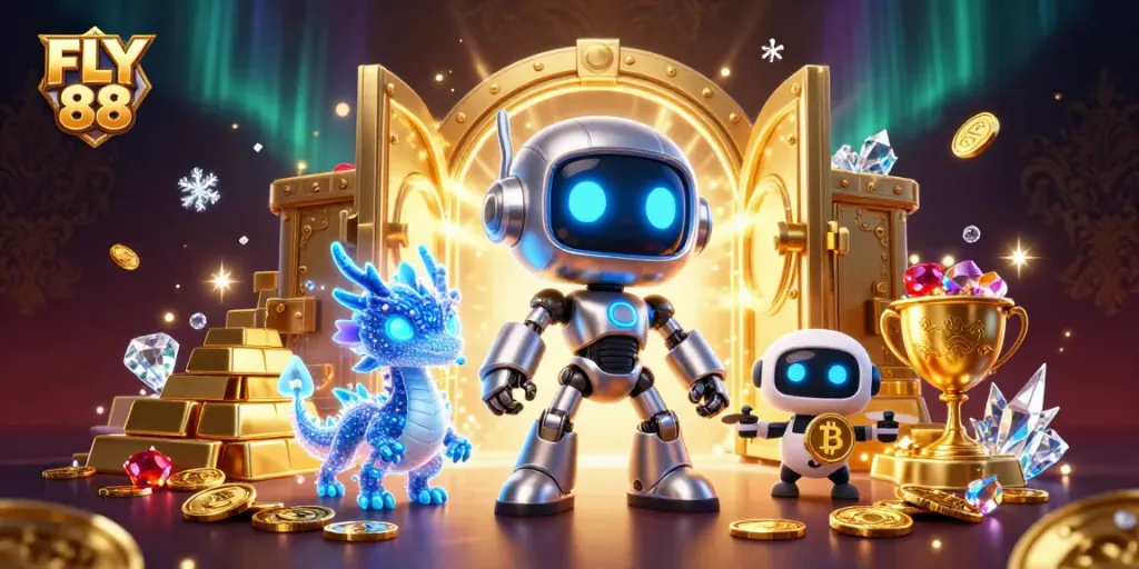 Experience the thrilling world of FLY 88 with an immersive 3D casino scene featuring games and excitement.
