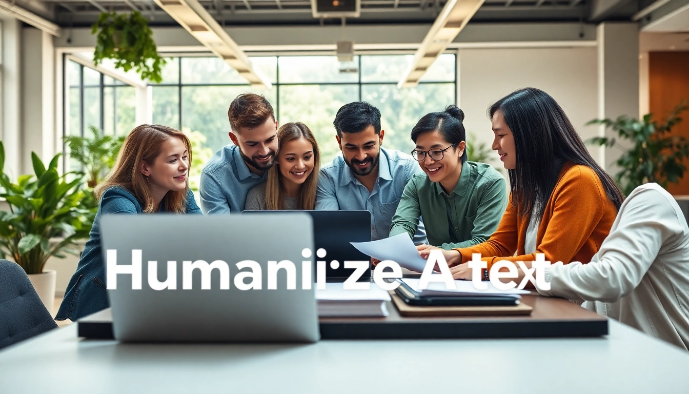 Menschen humanisieren KI Text in einem modernen Büro durch Zusammenarbeit.