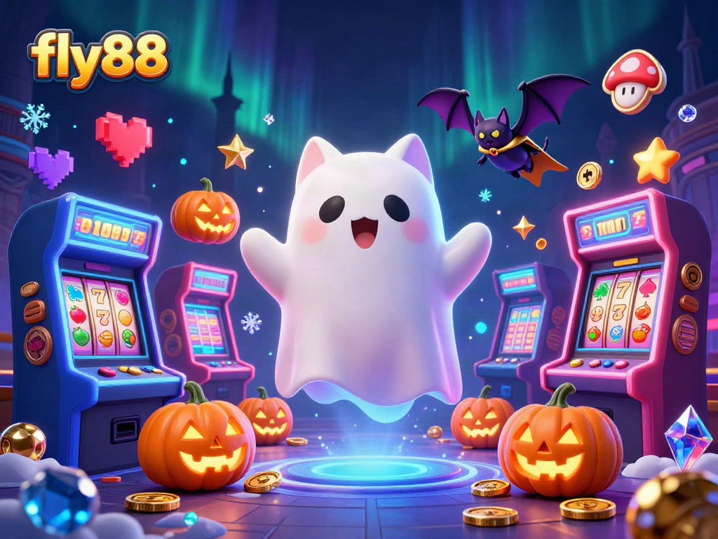 Experience excitement at fly88 with a ghost cat and bat in a haunted casino setting.