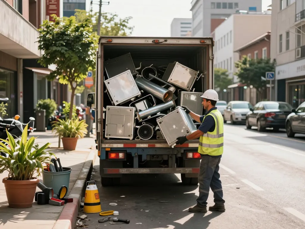 Effizienter Schrottabholung-Prozess mit einem Sammler, der Schrottmetall in einen Lkw in städtischer Umgebung lädt.