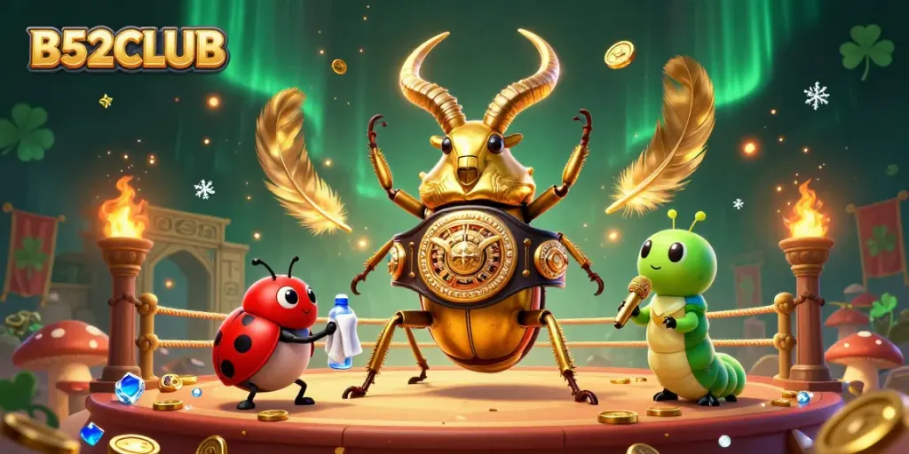 B52CLUB showcases a vibrant 3D scene with exciting characters and casino elements, emphasizing dynamic gaming action.
